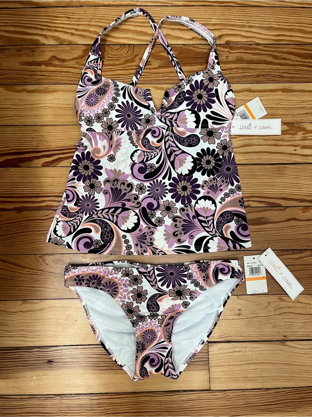 Salt + Cove Purple, Peach & Black Paisley Tankini Set